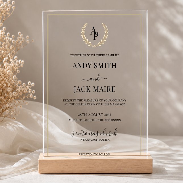 Elegant Gold Border Monogram Wedding Acrylic Invitations (Creator Uploaded)