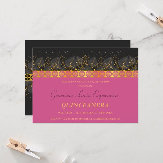 Elegant Gold Border Quinceañera Invitation (Front/Back In Situ)