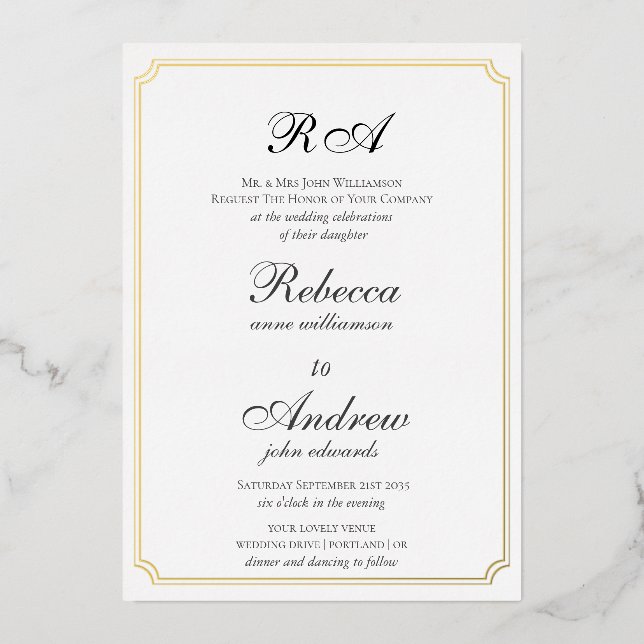 Elegant Gold Borders Classic monogram   Foil Invitation (Front)