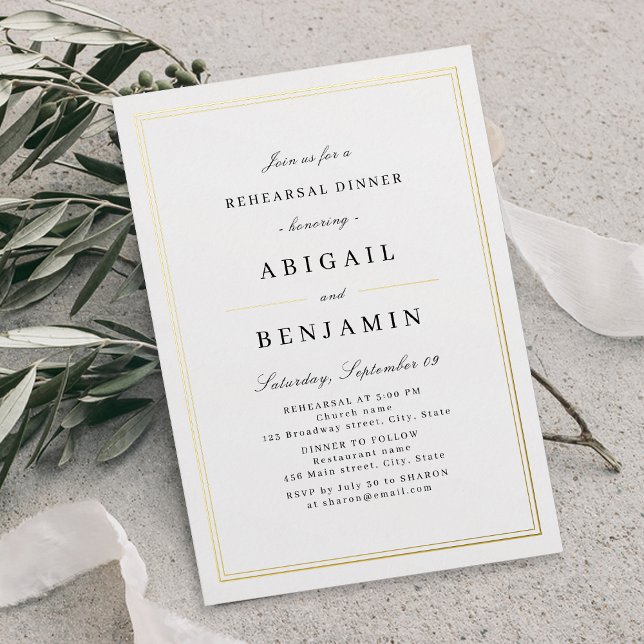 Elegant gold borders minimalist rehearsal dinner foil invitation (Elegant gold borders minimalist rehearsal dinner foil invitation)