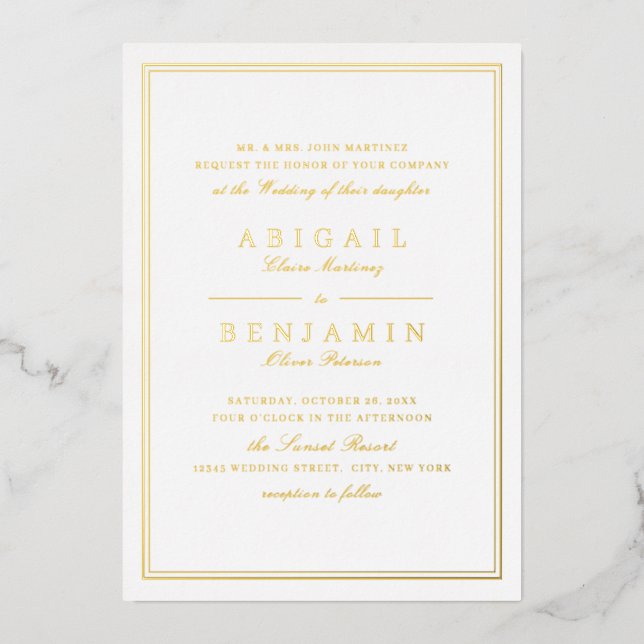 Elegant gold borders minimalist wedding foil invitation (Front)