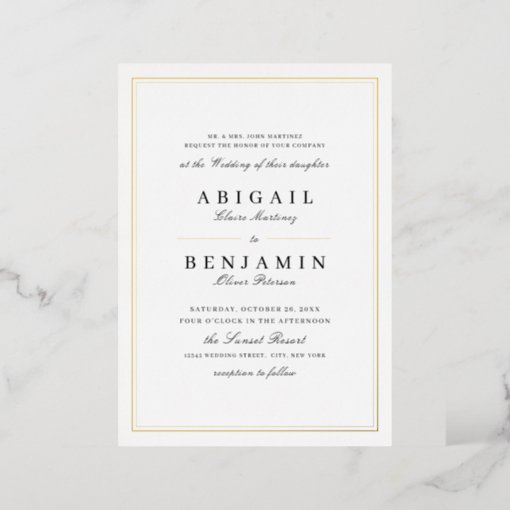 Elegant gold borders minimalist wedding foil invitation | Zazzle