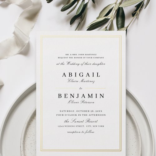 Elegant gold borders minimalist wedding foil invitation
