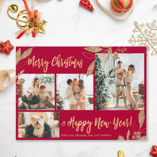 Elegant Gold Bordo 4 Photo Collage Christmas Card