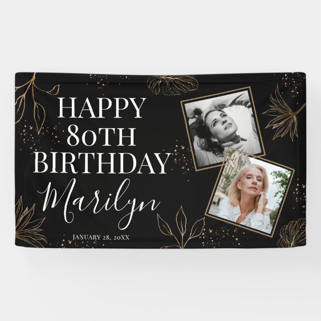 Elegant Gold Botanical 2 x Photo 80th Birthday Banner (Horizontal)
