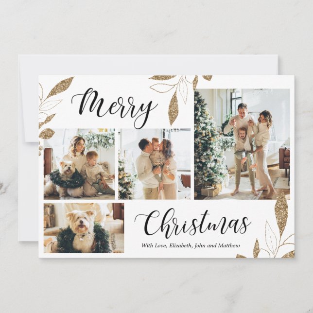 Elegant Gold Botanical 4 Photo Collage Christmas (Front)