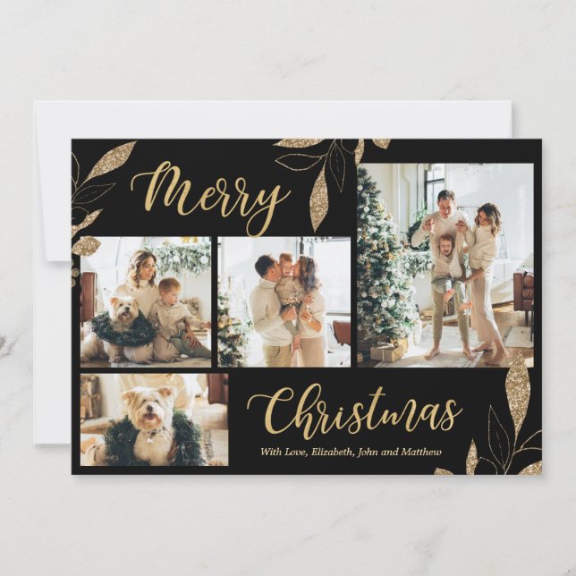 Elegant Gold Botanical 4 Photo Collage Christmas (Front)