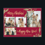 Elegant Gold Botanical 4 Photo Collage Christmas P Postcard<br><div class="desc">Elegant, Modern Burgundy and Gold Botanical Leaves 4 Photo Collage Merry Christmas Holiday Postcard. This festive, mimimalist, whimsical four (4) photo holiday postcard template features a pretty photo collage, faux gold foil botanical leaves, winterberries and says Merry Christmas and Happy New Year! The „Merry Christmas and Happy New Year” greeting...</div>