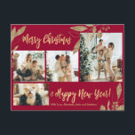 Elegant Gold Botanical 4 Photo Collage Christmas P Postcard<br><div class="desc">Elegant, Modern Burgundy and Gold Botanical Leaves 4 Photo Collage Merry Christmas Holiday Postcard. This festive, mimimalist, whimsical four (4) photo holiday postcard template features a pretty photo collage, faux gold foil botanical leaves, winterberries and says Merry Christmas and Happy New Year! The „Merry Christmas and Happy New Year” greeting...</div>