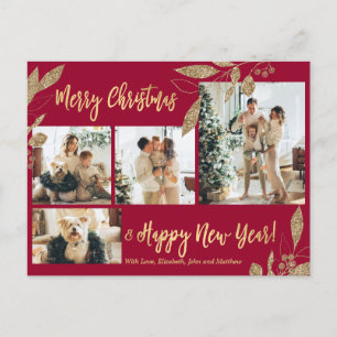 Elegant Gold Botanical 4 Photo Collage Christmas P Postcard