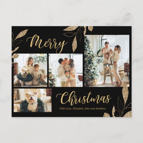 Elegant Gold Botanical 4 Photo Collage Christmas P Postcard