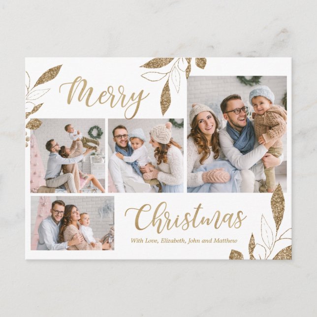 Elegant Gold Botanical 4 Photo Collage Christmas Postcard (Front)