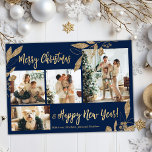 Elegant Gold Botanical 4 Photo Collage Christmas Postcard<br><div class="desc">Elegant, Modern Navy and Gold Botanical Leaves 4 Photo Collage Merry Christmas Holiday Postcard. This festive, mimimalist, whimsical four (4) photo holiday postcard template features a pretty photo collage, faux gold foil botanical leaves, winterberries and says Merry Christmas and Happy New Year! The „Merry Christmas and Happy New Year” greeting...</div>