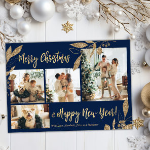 Elegant Gold Botanical 4 Photo Collage Christmas Postcard