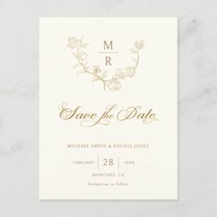 Elegant Gold Botanical Calligraphy Save the Date Announcement Postcard