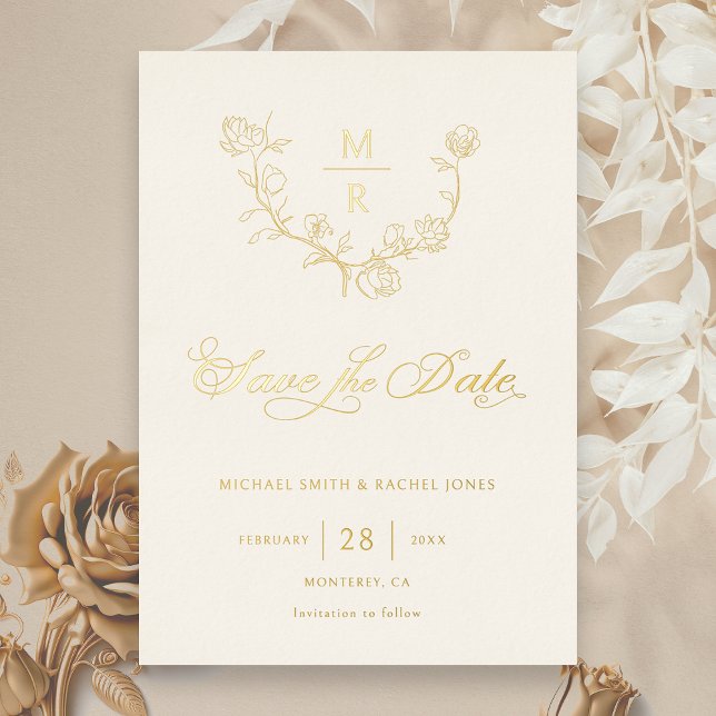 Elegant Gold Botanical Calligraphy Save the Date Foil Invitation (Creator Uploaded)