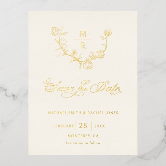 Elegant Gold Botanical Calligraphy Save the Date Foil Invitation Postcard (Front)