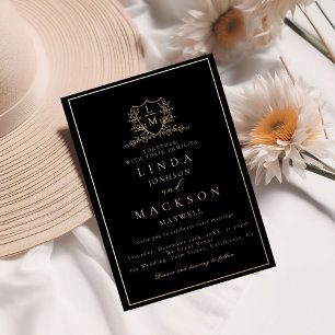 Elegant gold botanical crest monogram wedding fo foil invitation