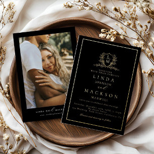 Elegant  gold botanical crest monogram wedding fo foil invitation