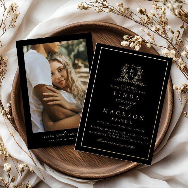 Elegant  gold botanical crest monogram wedding fo foil invitation (Creator Uploaded)