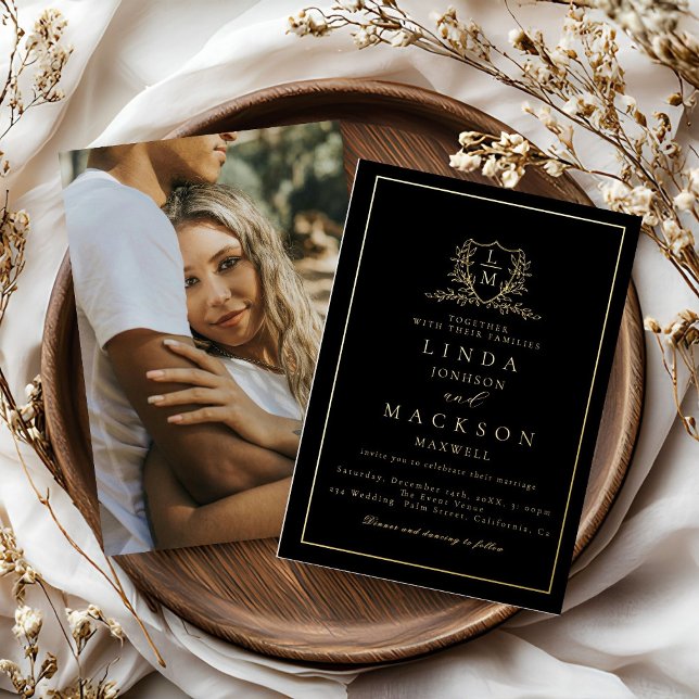 Elegant  gold botanical crest monogram wedding fo foil invitation (Creator Uploaded)