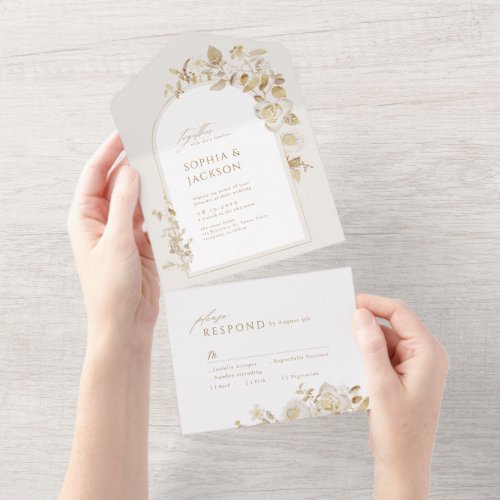 Elegant Gold Botanical Floral Arch Wedding All In One Invitation