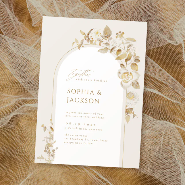 Elegant Gold Botanical Floral Arch Wedding Invitation | Zazzle