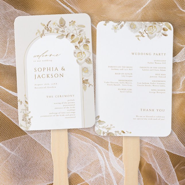Elegant Gold Botanical Floral Arch Wedding Program Hand Fan (Elegant Gold Botanical Floral Arch Wedding Program Hand Fan)