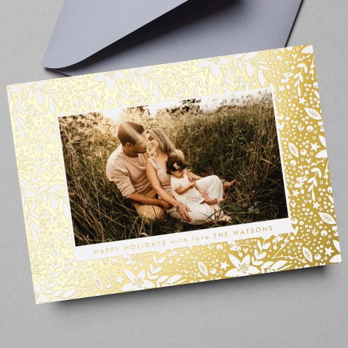 Elegant Gold Botanical Floral Frame Photo Happy Fo Foil Holiday Card