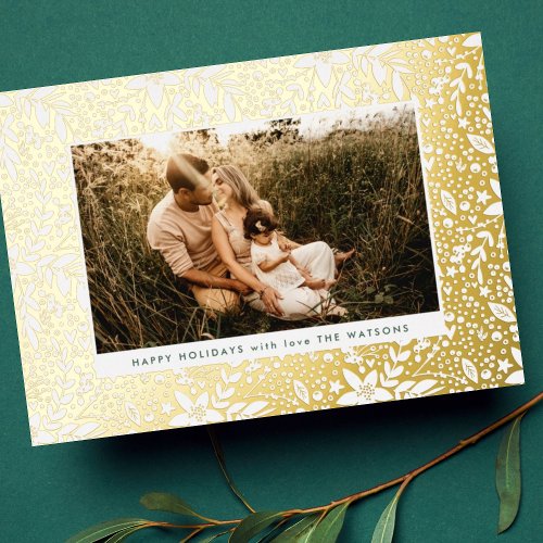 Elegant Gold Botanical Floral Frame Photo Happy Foil Holiday Card