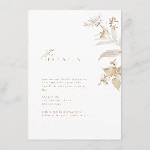 Elegant Gold Botanical Floral Wedding Details Enclosure Card