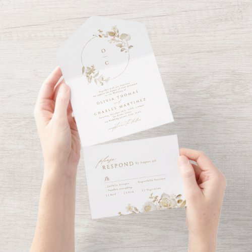 Elegant Gold Botanical Floral Wedding Monogram All All In One Invitation
