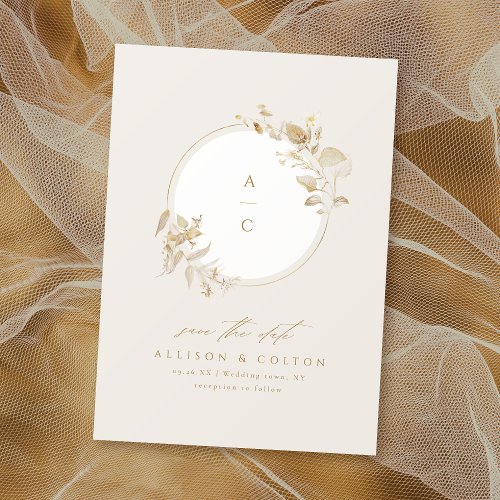 Elegant Gold Botanical Floral Wreath Monogram Save The Date