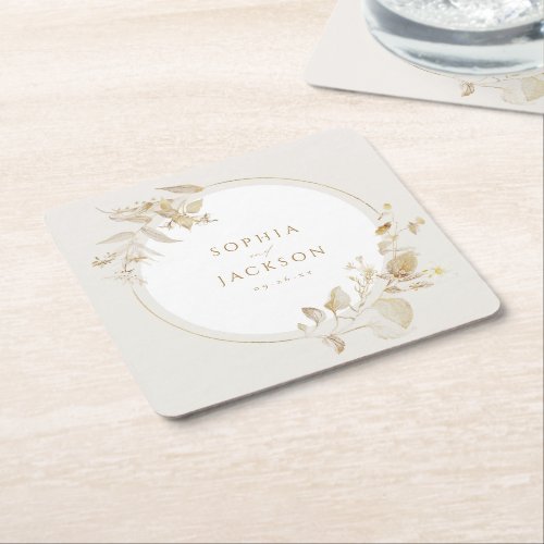 Elegant Gold Botanical Floral Wreath Wedding Square Paper Coaster