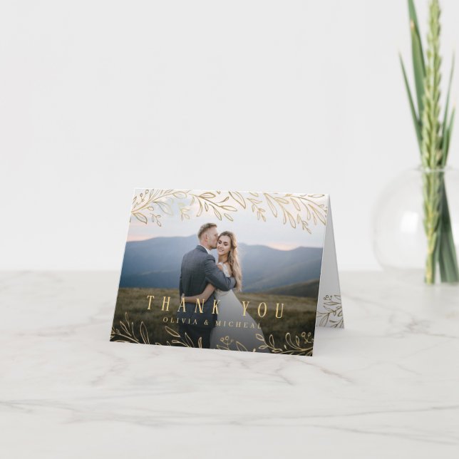 Elegant gold botanical foliage photo thank you card (Front)