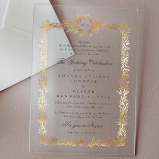 elegant gold botanical frame monogram wedding acrylic invitations