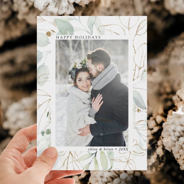 Elegant Gold Botanical Greenery Photo Holiday Card (Creator Uploaded)