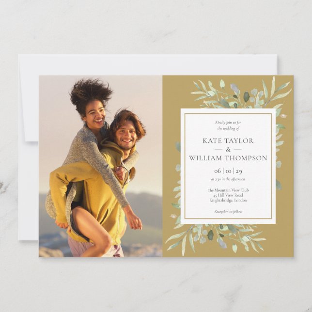 Elegant Gold Botanical Greenery Photos Wedding Invitation (Front)