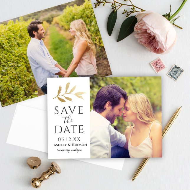 Elegant Gold Botanical Leaf Two Photo Wedding Save The Date (Creator Uploaded)