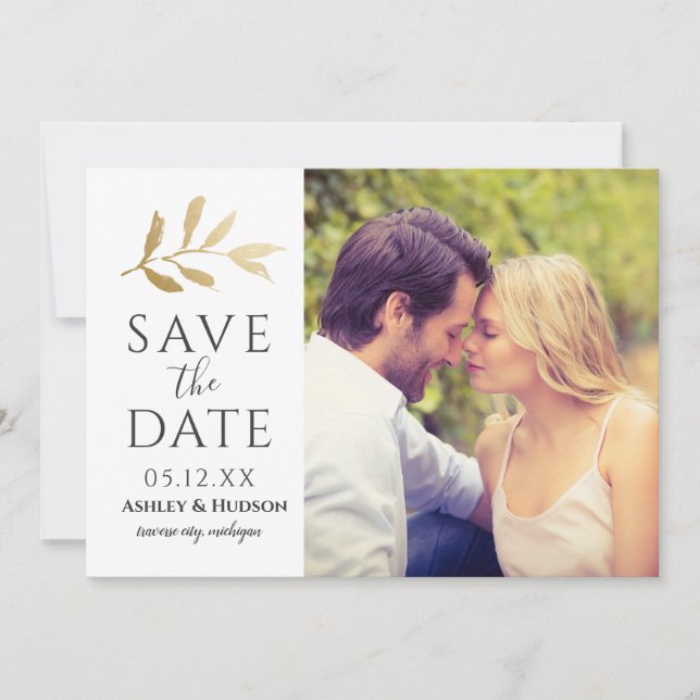 Elegant Gold Botanical Leaf Two Photo Wedding Save The Date (Front)