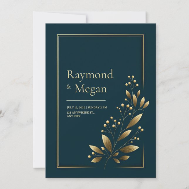 Elegant Gold Botanical Leaf Wedding Invitation (Front)
