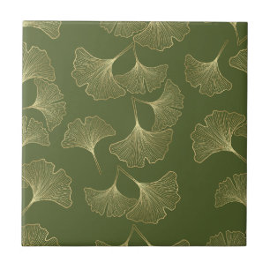 Elegant Gold Botanical Leaves Ceramic Tile