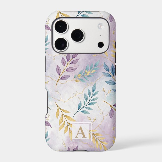 Elegant Gold Botanical Marble Mongram iPhone Case (Back)