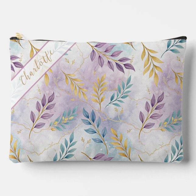 Elegant Gold Botanical Marble Personalized Accessory Pouch (Front)
