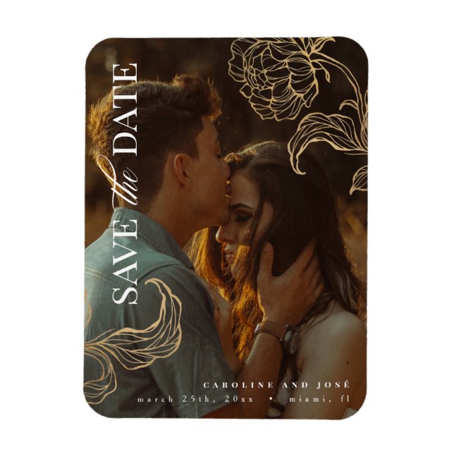 Elegant Gold Botanical Photo Save the Date Magnet (Vertical)