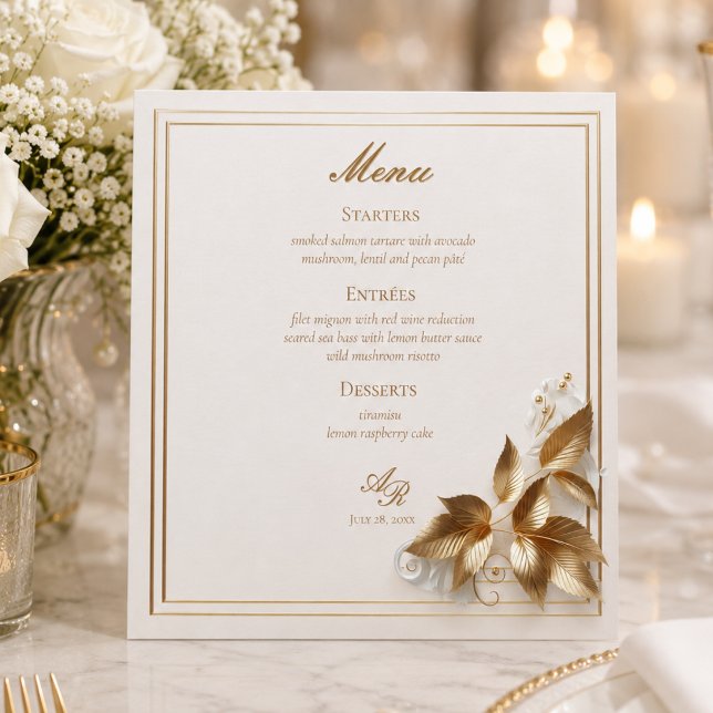 Elegant Gold Botanical Wedding  Menu (elegant opulent luxurious ivory gold botanical wedding menu with custom monogram and wedding date)