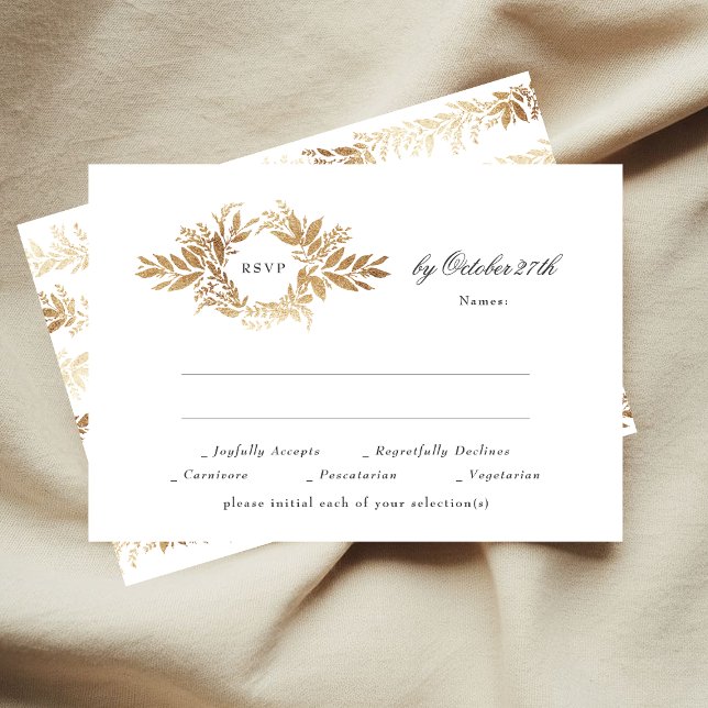 elegant gold botanical wreath classic wedding RSVP card (Creator Uploaded)