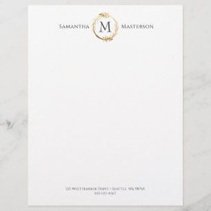 Elegant Gold Botanical Wreath Monogram Letterhead