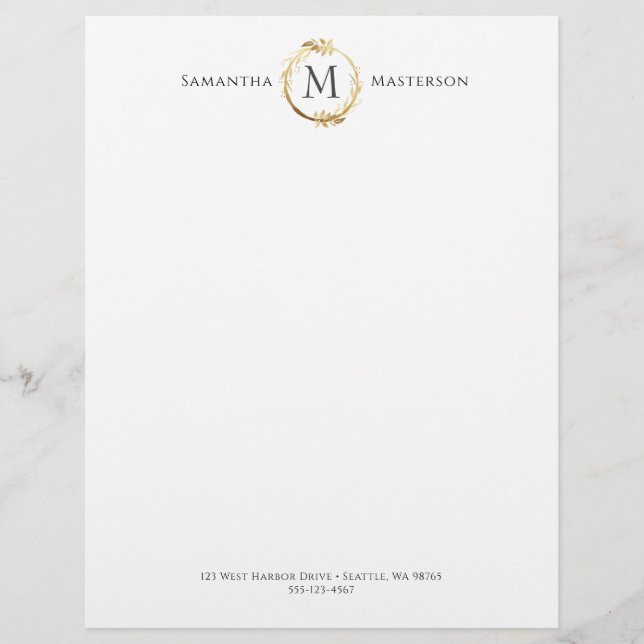 Elegant Gold Botanical Wreath Monogram Letterhead (Front)