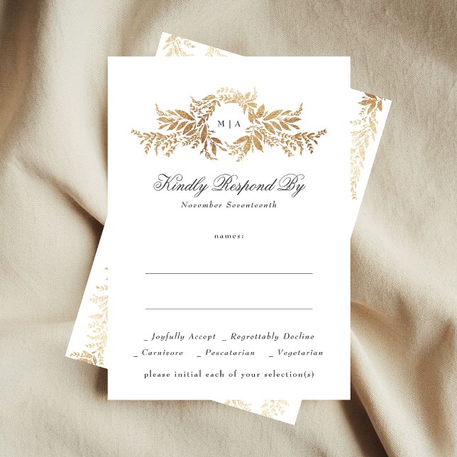 elegant gold botanical wreath monogram wedding RSVP card (Creator Uploaded)